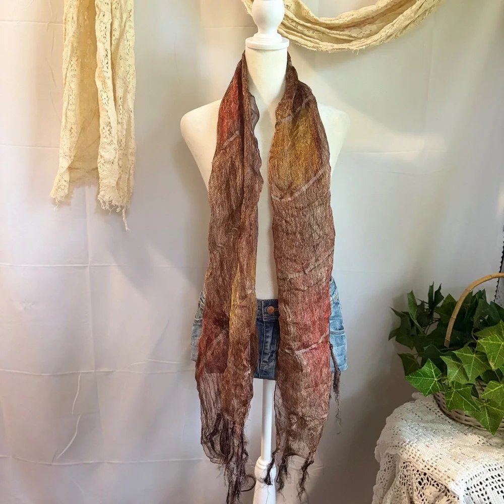 Boho Whimsical Bronze Copper Crinkle Sheer Stripe Fringe Scarf Wrap Earth Tones